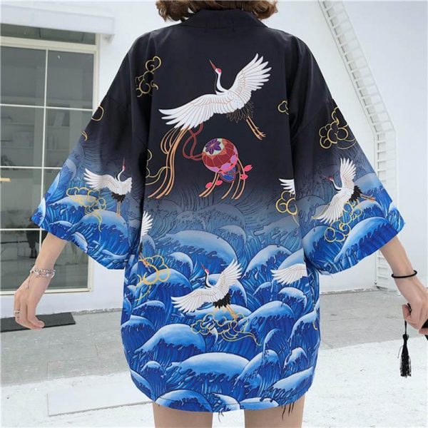 Crane Print Japanese Belted Kimono Outerwear Sun Protective - Modakawa Modakawa